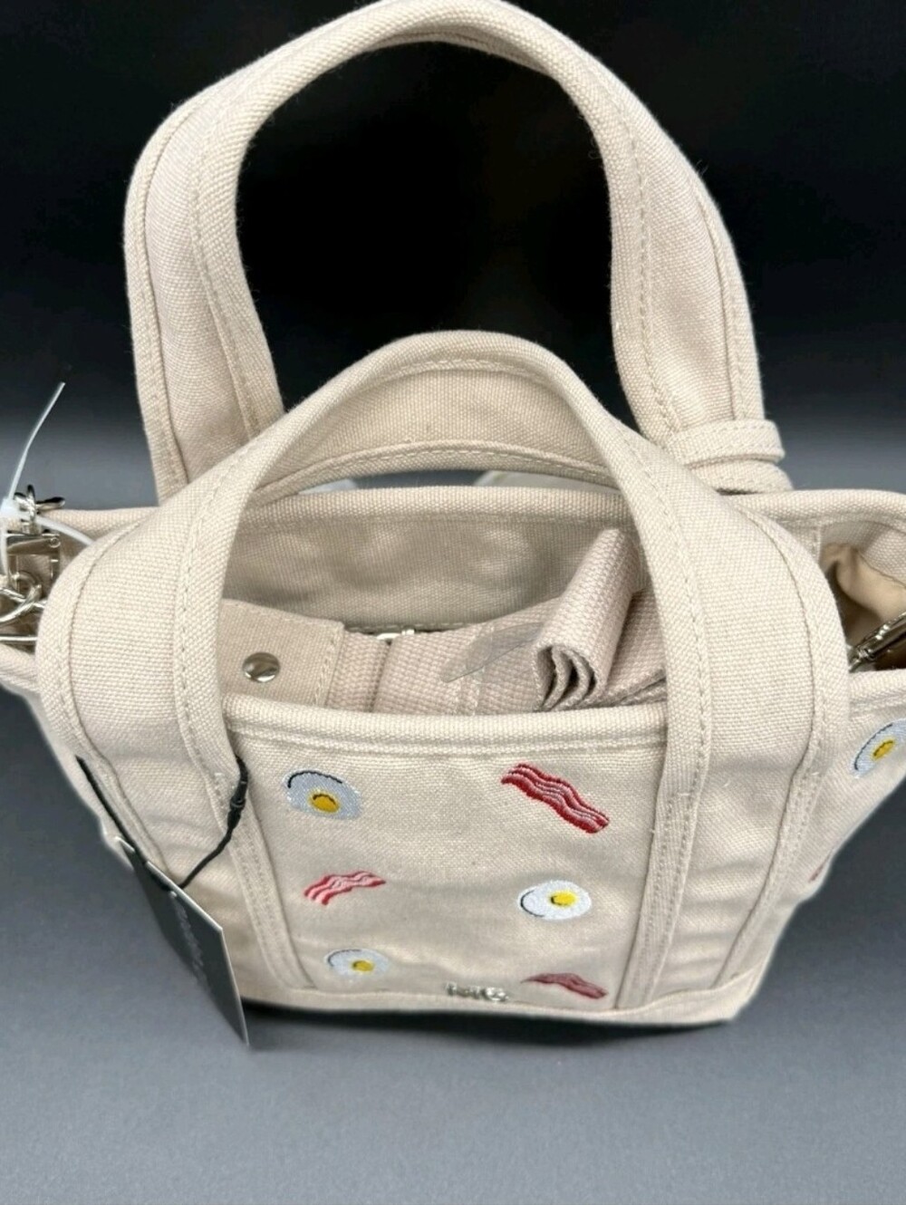 Madden Girl Taupe Bacon & Eggs Canvas Mini Tote Bag NWT - Picture 5 of 6